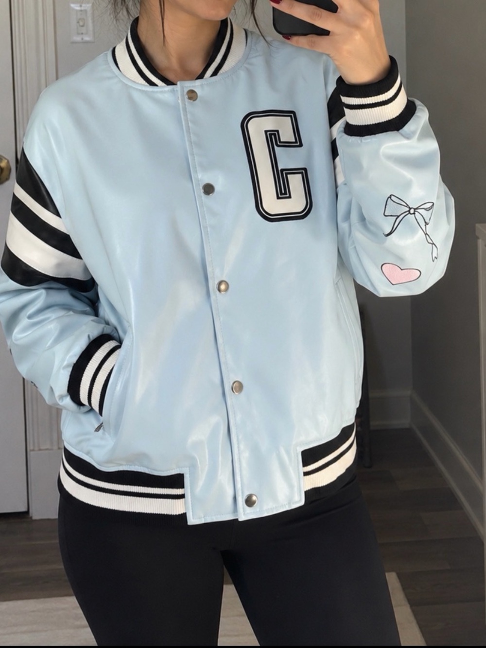 Light Blue Varsity Satin Bomber Jacket with Embroidered Details